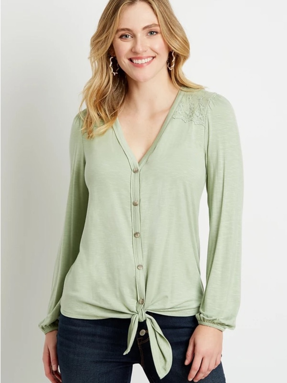Light Green V-Neck Button Tie-Front Long Sleeve Top